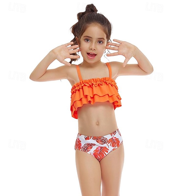  Traje de baño para niñas, trajes de baño con estampado para exteriores, 2-12 años, verano, color naranja, rosa