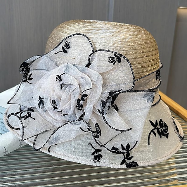  Γοητευτικά Καπέλα Καλύμματα Κεφαλής Οργάντζα Άχυρο Κλος καπέλο Τύπου bucket Ψάθινο καπέλο Causal Αργίες Κομψό Βίντατζ Με Λουλούδι Κόψιμο Ακουστικό Καπέλα