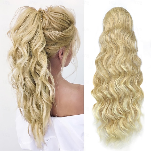  blond prodlužovací culík, blond stahovací culík pro ženy dlouhé vlnité culíky prodlužování vlasů syntetické příčesky se sponou do culíku pro ženy dívky