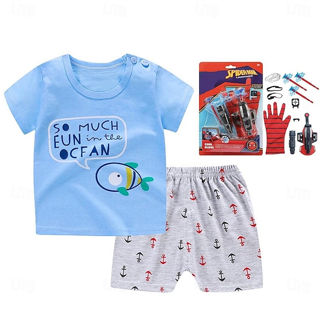 Neues Sommer-Kurzarm-Set für Kinder, reine Baumwolle, Jungenkleidung, dünnes Mädchen-T-Shirt, Sommerkleidung, Babykleidung mit Launcher-Kinderspielzeug