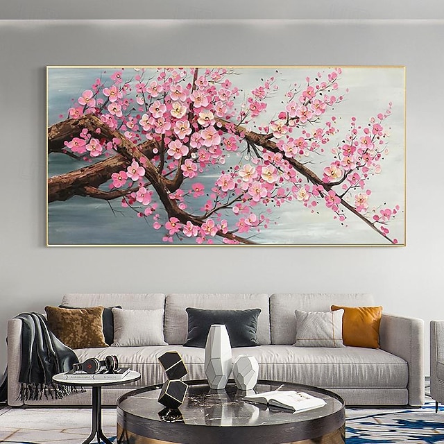  Hand Painted Pink Blooming Peach Flower Oil Painting Landscape Canvas Paintings Wall Art Modern Home Decor No Framed