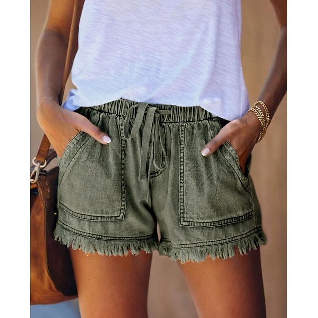  Pantalones cortos de mezclilla para mujer, cintura elástica, cordón ajustable, dobladillo deshilachado, ropa informal de verano azul de corte regular, ropa de playa para el tiempo libre