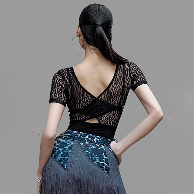  Latin Dance Ballroom Dance Top Lace Hollow-out Pure Color Women's Performance Training Short Sleeve High Spandex