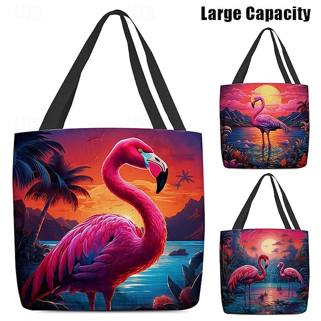  Women's Tote Shoulder Bag Canvas Tote Bag Polyester Shopping Daily Holiday Print Large Capacity Foldable Lightweight Flamingo Light Red Blue Fuchsia