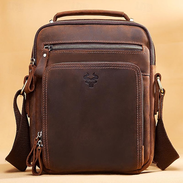  Men's Crossbody Bag Shoulder Bag Messenger Bag Nappa Leather Cowhide Daily Zipper Solid Color Black Khaki Coffee