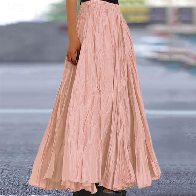  Women's Long Skirt Elastic Waist A-line Pleated Cream Lightweight Casual Spring Summer Versatile Flowy Bottoms