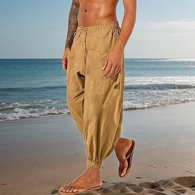  Men's Linen Pants Trousers Summer Pants Beach Pants Drawstring Elastic Waist Elastic Cuff Plain Comfort Breathable Daily Holiday Vacation Cotton Blend Hawaiian Boho Black White