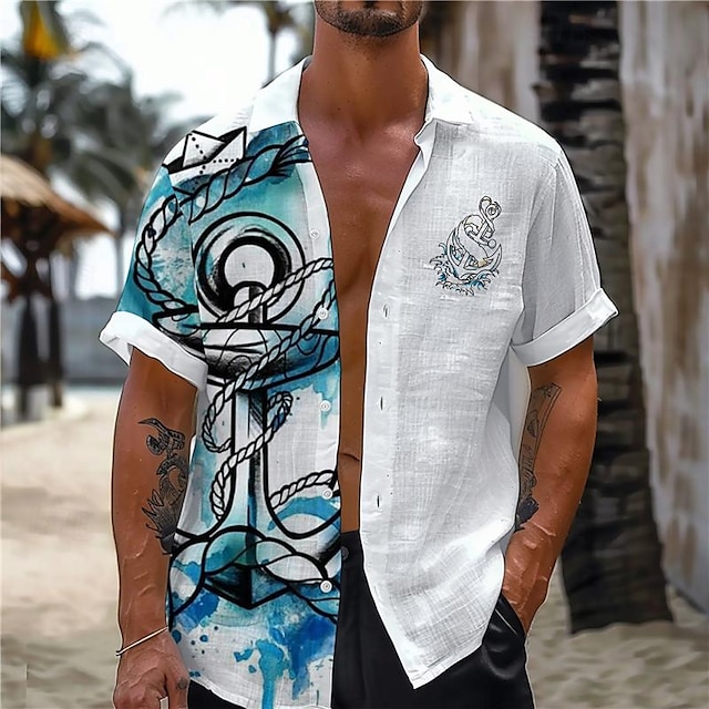  قميص رجالي مرساة منتجع هاواي مطبوع ثلاثي الأبعاد لقضاء العطلات على الشاطئ والصيف بأكمام قصيرة أزرق S M L قميص من القماش