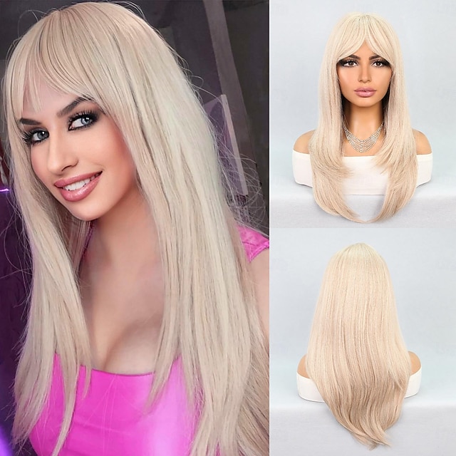  Cosplay Costume Wig Synthetic Wig Straight Natural Straight Layered Haircut Wig 22 inch Light golden Synthetic Hair Women's Blonde