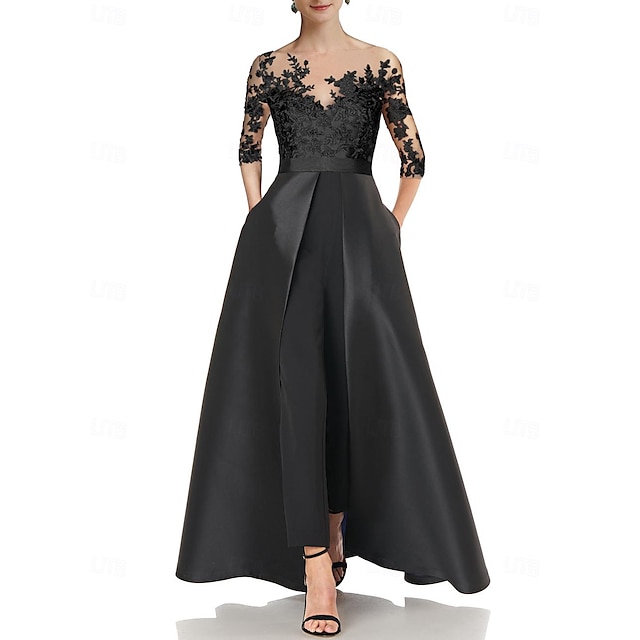  Jumpsuits Mother of the Bride Dress Wedding Guest Elegant Party Jewel Neck Floor Length Satin 3/4 Length Sleeve with Appliques Solid Color 2024