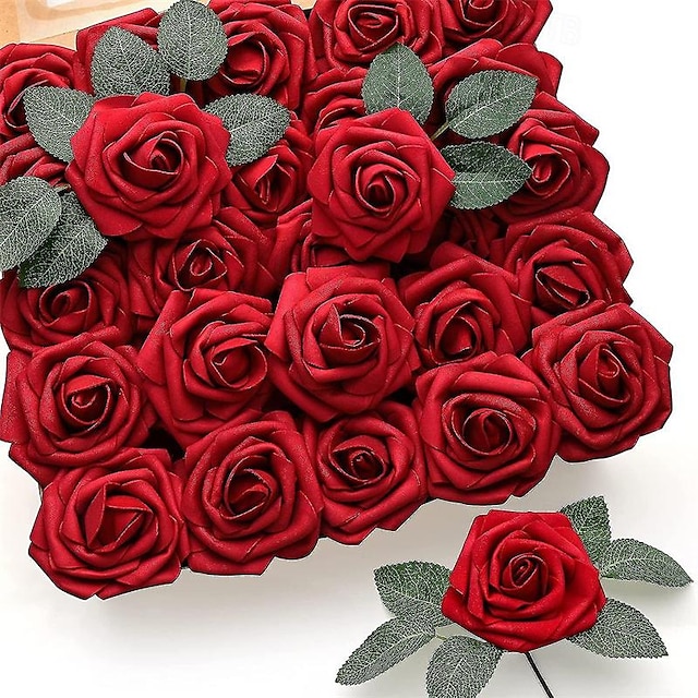  25pcs Red Roses Artificial Flowers Dark Red Roses Real Touch Foam Fake Roses Bulk With Stem Diy Craft Flowers For Wedding Bridal Bouquets Centerpiece