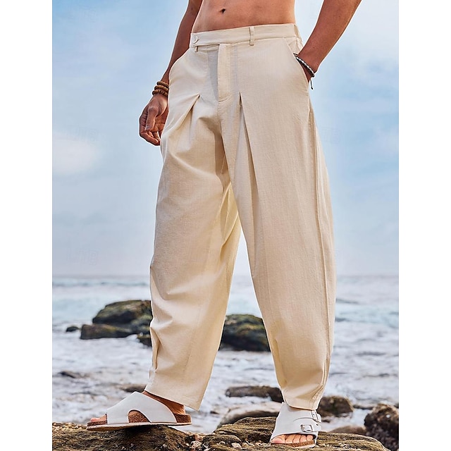  Homens Calças de linho Calças Calça verão Calças Cenoura Afiladas Calças de praia Bolsos Pregas Côr Sólida Conforto Respirável Comprimento total Diário Feriado Moda Roupa de rua Branco Cáqui Sem