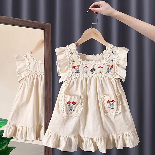  Girl's Hollowed Out Bubble Sleeve Dress For Summer Wear Lace Short Sleeved Children's Summer Dress