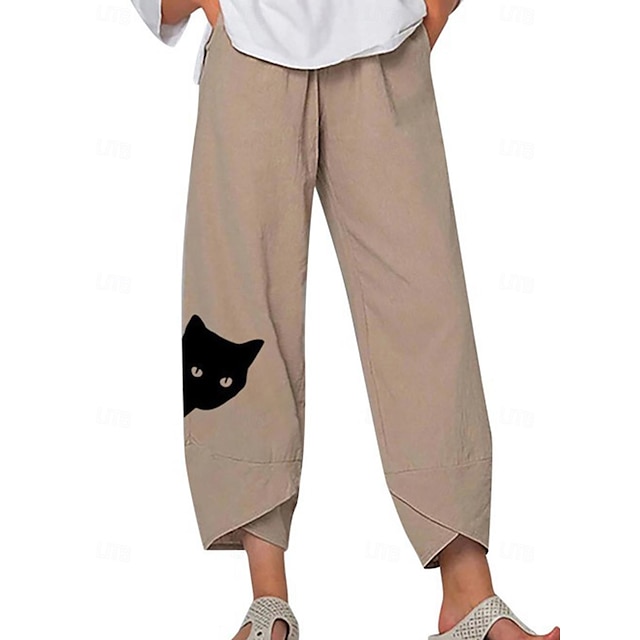  Women's Pants Trousers Linen Cotton Blend Side Pockets Cat Ankle-Length Blue Spring & Summer