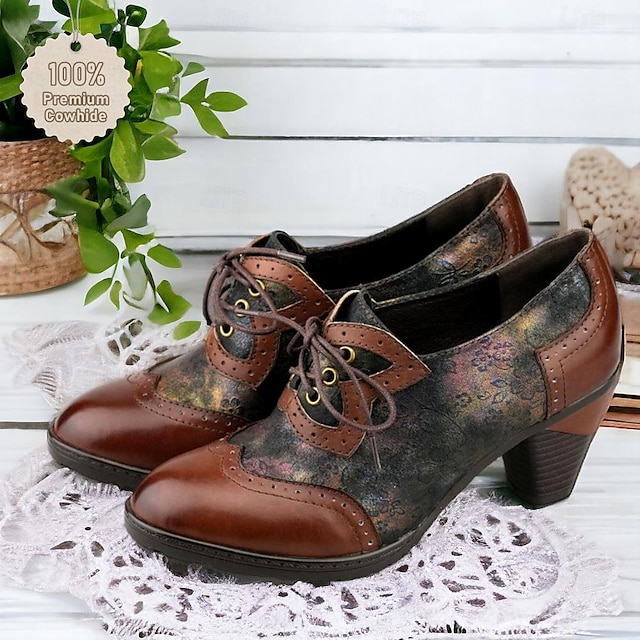  Women's Heels Pumps Oxfords Brogue Handmade Shoes Vintage Shoes Party Valentine's Day Daily Floral Cone Heel Round Toe Elegant Vintage Leather Lace-up Brown