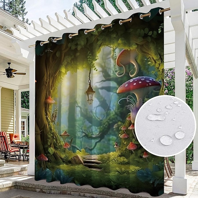  Waterproof Outdoor Curtain Privacy, Outdoor Shades, Sliding Patio Curtain Drapes, Pergola Curtains Grommet Mushroom Forest For Gazebo, Balcony, Porch, Party