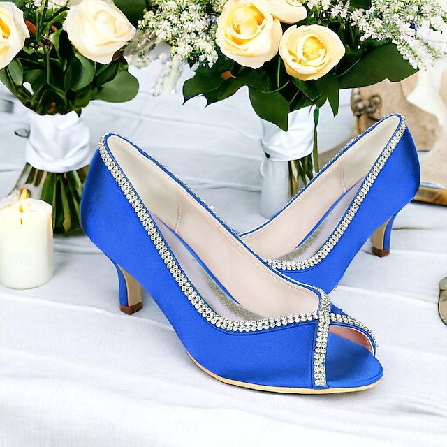  Women's Wedding Shoes Pumps Bridal Shoes Rhinestone Kitten Heel Peep Toe Satin Loafer Silver Black White