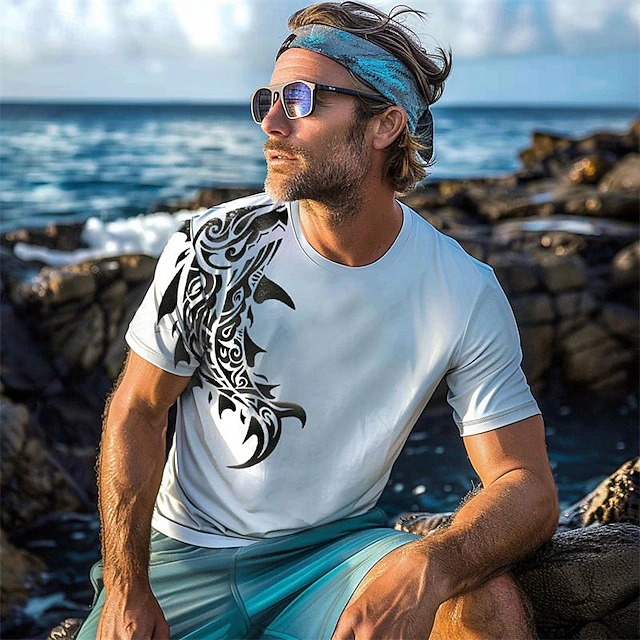 Men's Graphic Fish T Shirt Tee Top Short Sleeve T shirt 3D Print Crew Neck Shirt Vacation Hawaiian Resort Style Sports Outdoor Holiday Going out Black White Sky Blue Spring & Summer Clothing Apparel 7