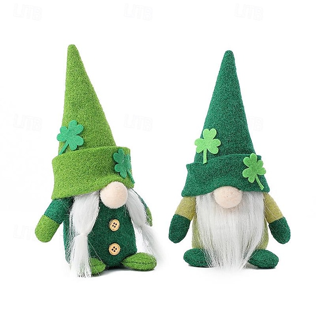  st. patrick's day feriedekorasjon: rudolph dukke med irsk trefarget grønn hatt, gammel mann uten ansikt med grønt blad