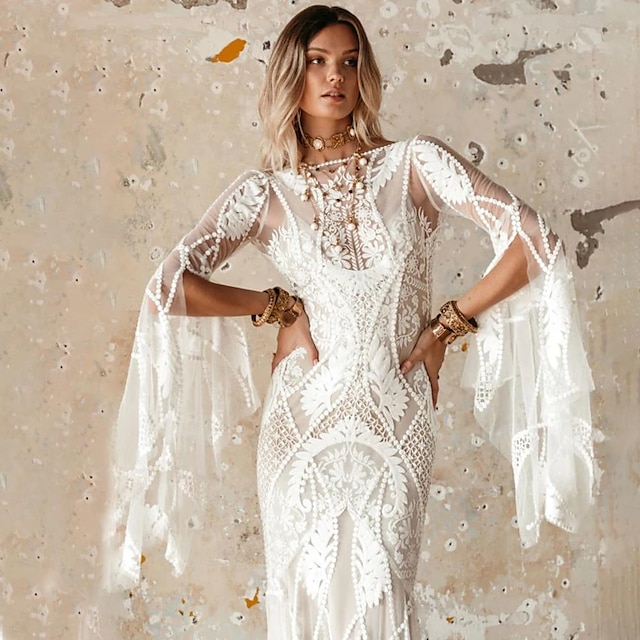  Robe de Mariage Boho à Dos Ouvert de Plage Robe de Mariage Simple Sirène Col en V Manches Longues Train Sweep  Brush Dentelle Robes de Mariée Avec Motif 2025