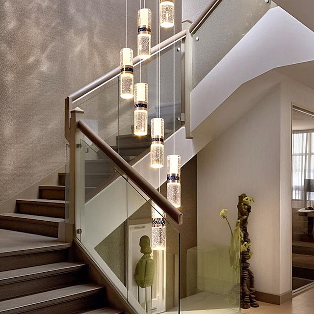  Lustre à LED ， Long lustre rotatif en cristal pour escalier en métal, moderne, simple et luxueux, adapté aux villas, bâtiments en duplex, lofts, appartements et terrasses ， diammable 110-240 v