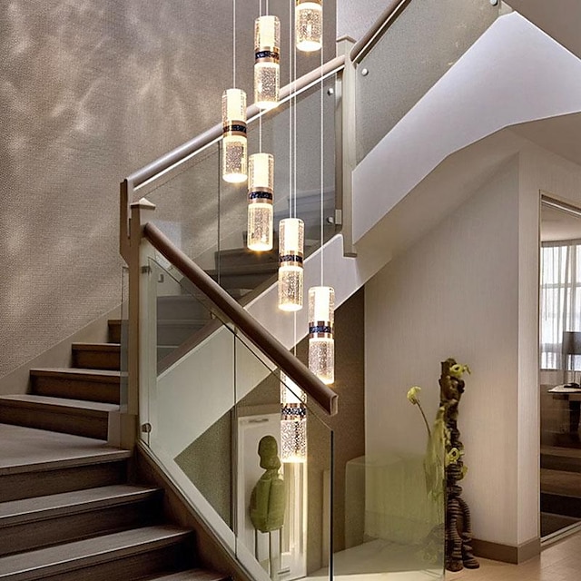  Led Chandelier Light，Metal Crystal Staircase Rotating Long Chandelier, Modern, Simple And Luxurious, Suitable For Villas, Duplex Buildings, Lofts, Apartments And Terraces，Diammable 110-240 V