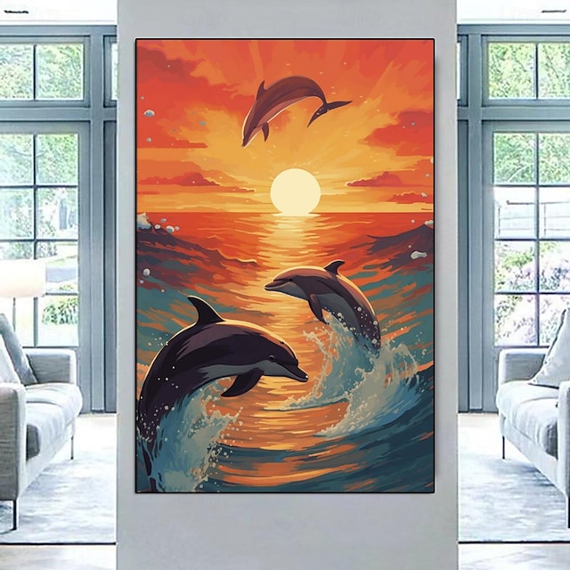  דולפינים ציור ציור יד מצוייר בד חוף ציור בצבעי מים בעיצוב הבית ציור בהשראת האוקיינוס ציור קיר אמנות שלווה ציור חוף בית מבטא לסלון קישוט הבית