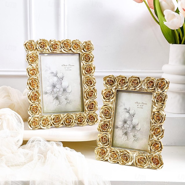  Рамка для фотографий с золотой розой в винтажном стиле - декоративная рамка из материала старинной смолы, подходящая для горизонтального или вертикального отображения, идеально подходит для украшения