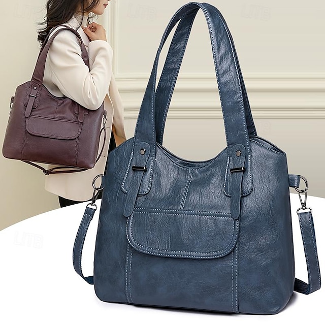  Women's Shoulder Bag PU Leather Daily Zipper Large Capacity Anti-Dust Multi Carry Solid Color Black Red Blue