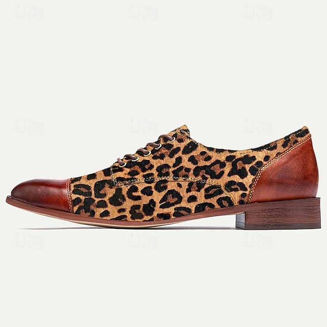  Men's Dress Shoes Brown Leopard Print Animal Pattern Leather Italian Full-Grain Cowhide Slip Resistant Lace-up