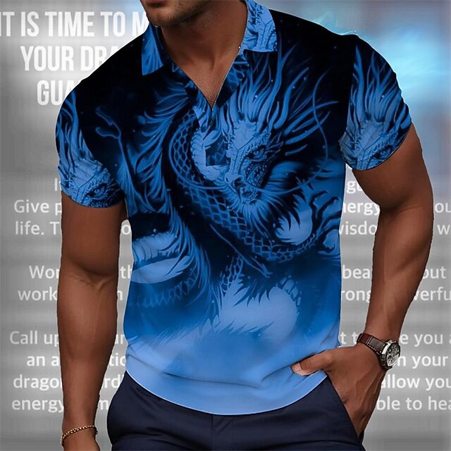 Men's Dragon Polo Shirts Golf Shirt Short Sleeve Polo Shirts Collared Shirts Casual Funny Vacation Wear Party Outfits Buttons 3D Print Summer Blue Khaki4