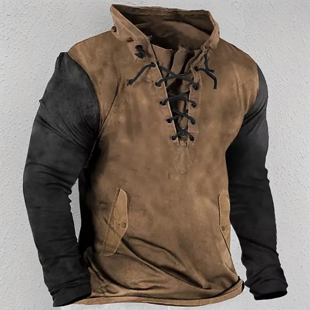  Men's Sweatshirt Pullover Tactical Black Red Blue Purple Brown Standing Collar Color Block Graphic Prints Lace up Sports & Outdoor Casual Daily 3D Print Streetwear Designer Basic Spring &  Fall
