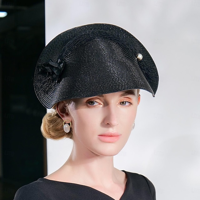  סרטי ראש כובעים סיבים באולר / כובע קש כובע קש כובע שמש כובע שמש חתונה מסיבת תה חתונה אלגנטית עם פנינים כיסוי ראש טול