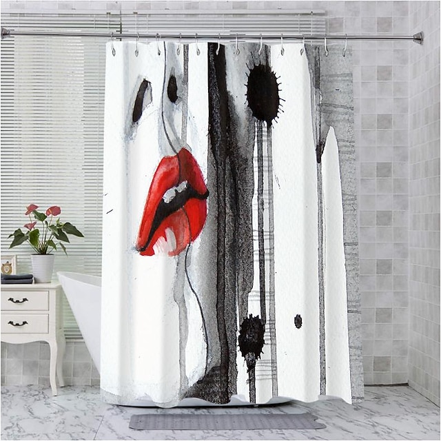  Hot Lips Shower Curtain with Hooks for Bath room Shower CurtainBarn Door Bathroom Decor Set Polyester Waterproof 12 Pack Plastic Hooks