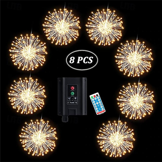  8pcs Solar Starburst Lights Outdoor Fireworks with Remote Control Total 800LEDs Copper Wire Fairy Twinkle String Lights 8 Modes Waterproof Lights for Christmas Birthday Bedroom Corridor Patio Wedding