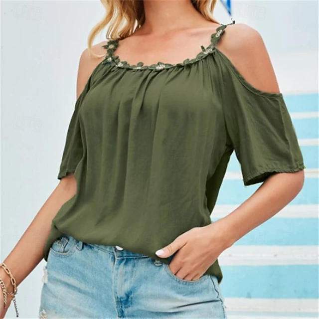 Shirt Lace Shirt Blouse Women's White Pink Army Green Plain Cold Shoulder Street Daily Fashion Round Neck Regular Fit S 6