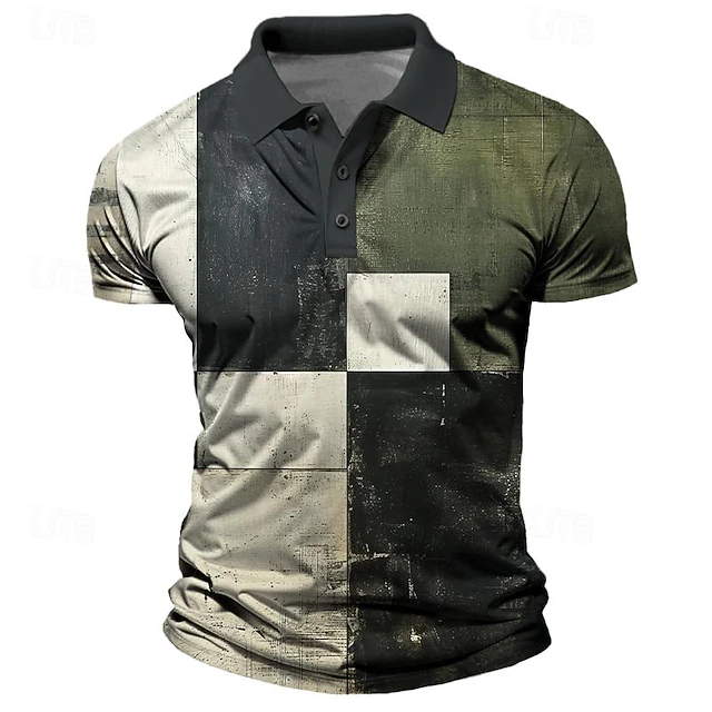 Men's Plaid Polo Shirts Golf Shirt Short Sleeve Polo Shirts Collared Shirts Vintage Casual Vacation Wear Formal Wear Festival Wear Buttons 3D Print Summer Blue Brown Green 7