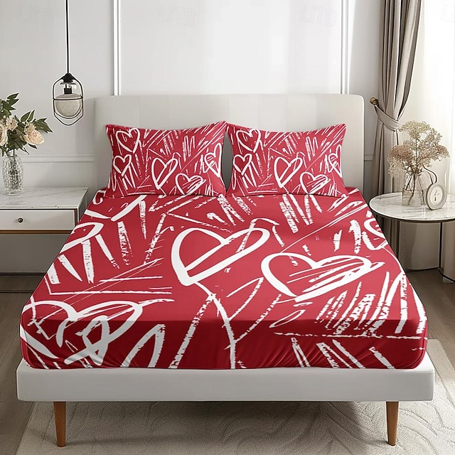  Love Heart Pattern Fitted Sheet Set 100% Cotton Ultra Soft Breathable Silky Bed Sheets Deep Pocket Bedding Sheets 3 Piece Queen King Size