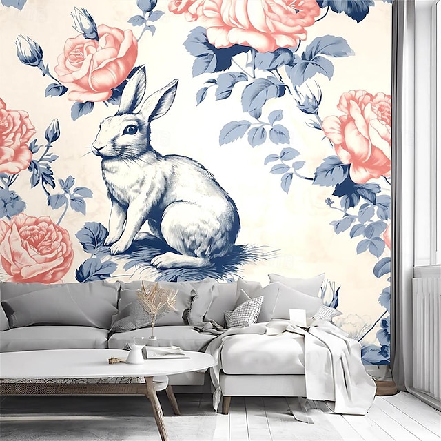  Vintage Rabbits Wallpaper Cool Wallpapers Wall Mural Roll Wall Covering Sticker Peel and Stick Removable PVC/Vinyl Material Self Adhesive/Adhesive Required Wall Decor for Living Room Kitchen Bathroom