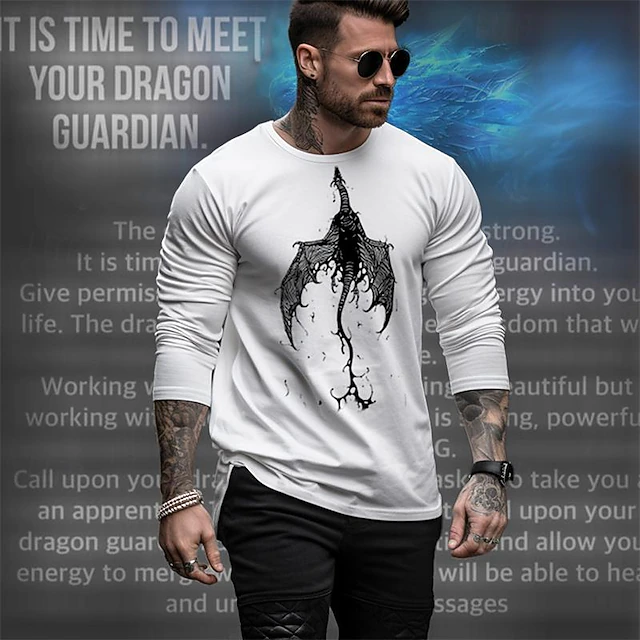 Men's Dragon T Shirt 100% Cotton Long Sleeve Graphic Shirt Black White Dark Blue Comfortable Tee Sports Outdoor Holiday Fashion Designer Clothing 5