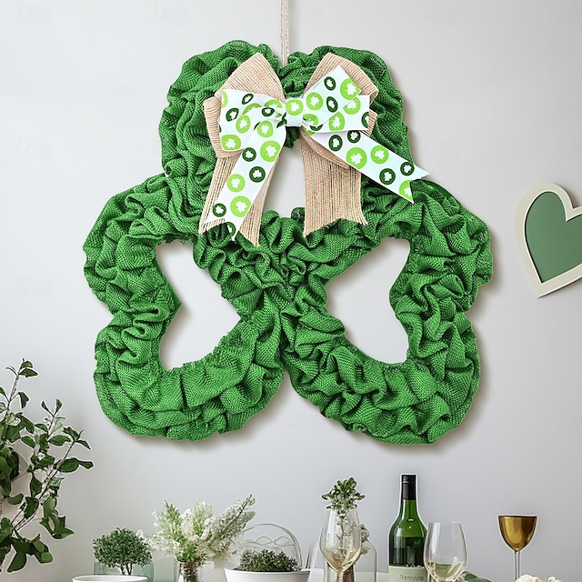  st. patrick's day shamrock krans - festlig grønn sløyfe og kløver dekorativt hengende ornament for irske feiringer 30cm