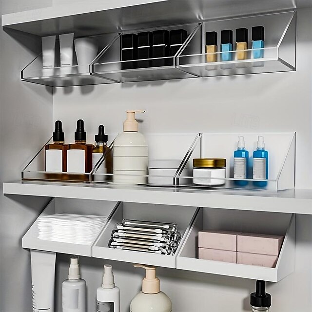  nástěnný šikmý úložný box: zrcadlová skříňka na rtěnku na make-up, koupelnový organizér s vrstvami pro kategorizaci kosmetiky, není potřeba vrtání