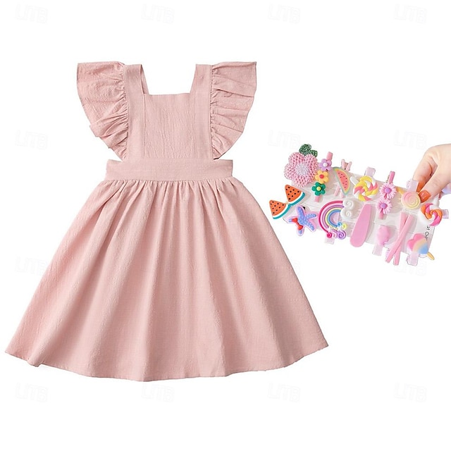  Kids Girls' Dress Solid Color Sleeveless Performance Party Outdoor Fashion Cute Cotton Summer Spring 2-8 Years White Pink With Cute Cartoon Hairpins