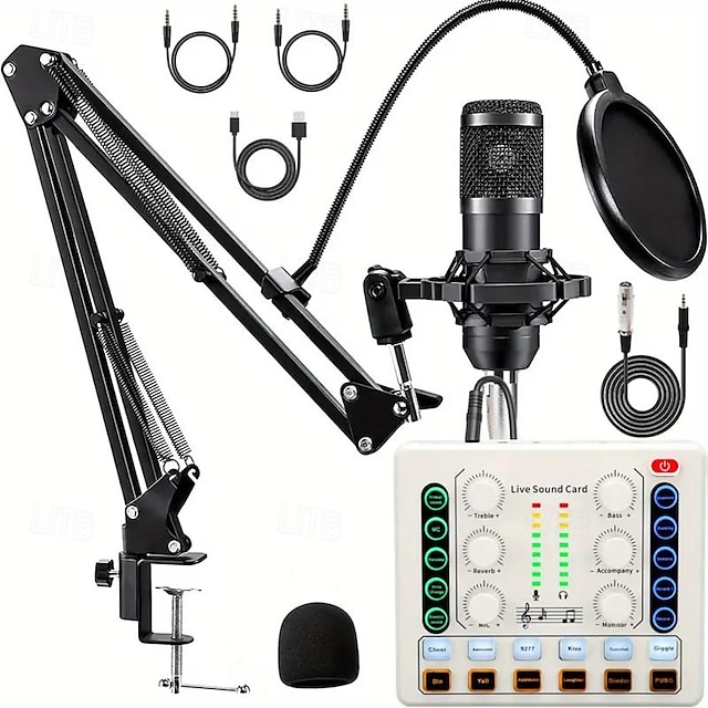  Podcast Equipment Bundle Audio Interface With All In One Live Sound Card And BM800 Condenser Microphone Podcast Microphone Perfect For Recording Broadcasting Live Streaming