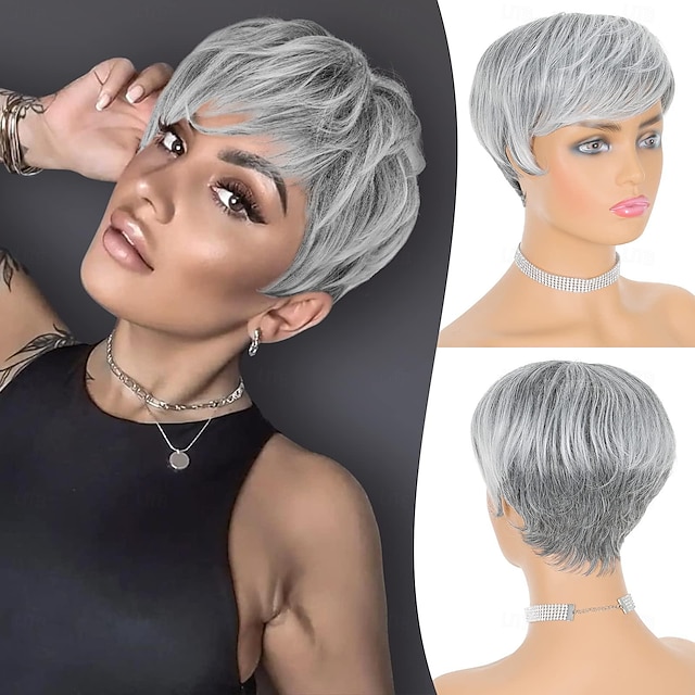  Pixie Cut Wigs Synthetic Short Ombre Gray Pixie Haircut Wig with Bangs Glueless Layered Wig Wavy Grey to Black Wigs for Women