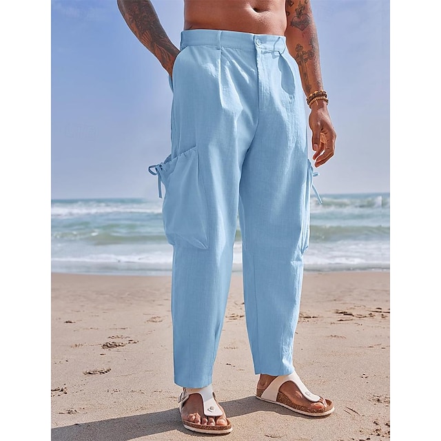  Men's Linen Pants Trousers Summer Pants Elastic Waist Multi Pocket Straight Leg Solid Color Comfort Breathable Full Length Holiday Beach Vacation Fashion White Blue Inelastic