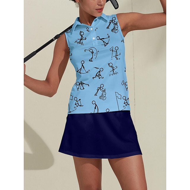  Жен. Футболка-поло Синий Без рукавов Верхняя часть Мультипликация Женская одежда для гольфа Одежда Одежда Одежда