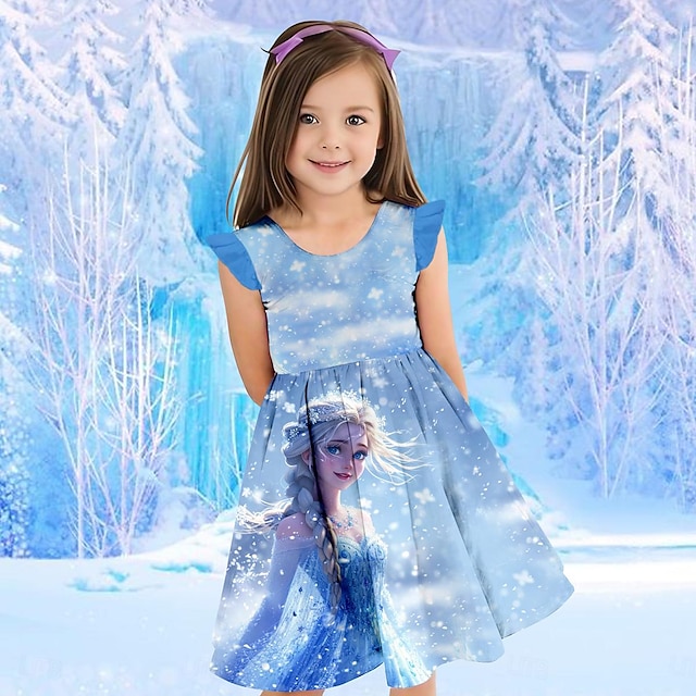  Pigers 3D Prinsesse Flæse kjole Blå Uden ærmer 3D-udskrivning Sommer Daglig Sød Stil Sød Børn 3-12 år Festkjole Hverdagskjole Knælang Polyester Regulær