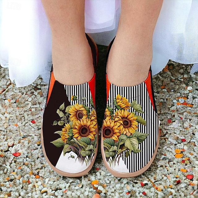  Women's Sneakers Flats Slip-Ons Print Shoes Slip-on Sneakers Daily Travel Floral Sunflower Striped Flat Heel Vacation Casual Comfort Canvas Loafer White Yellow Red