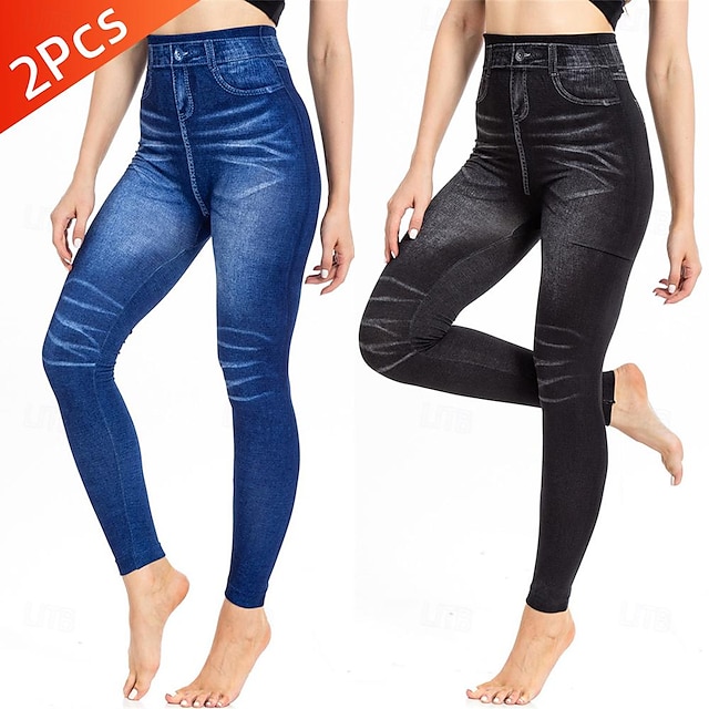  Multi Packs 2pcs Women's Blue Slim Pants Trousers Leggings Pocket Print Butterfly Street Causal Polyester Summer
